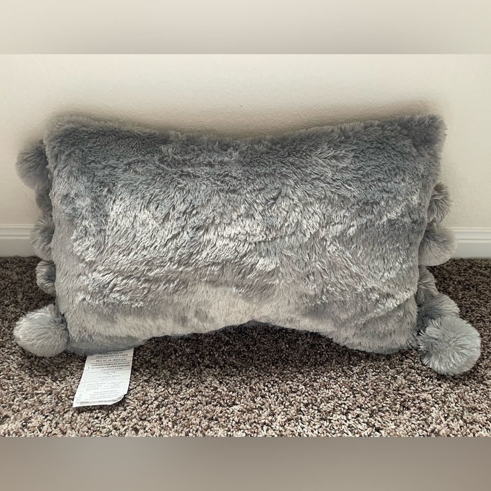 Rectangular Faux Fur Pom-Pom Accent Throw Pillow - Light Grey